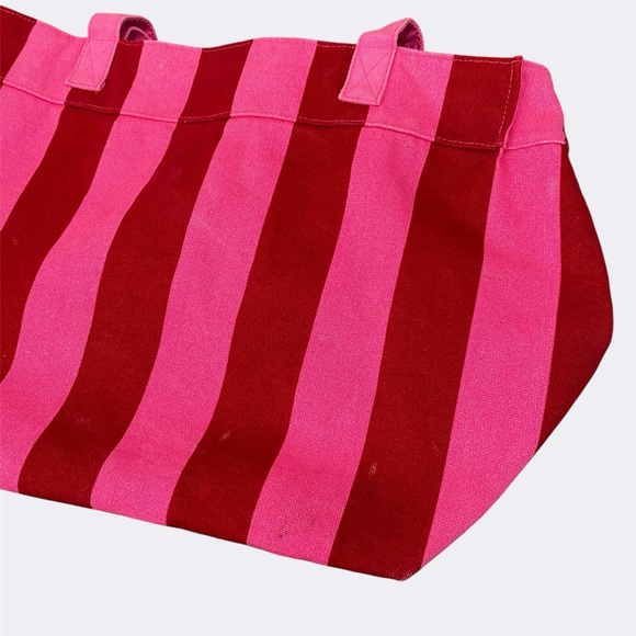 Victoria's Secret Pink Red Striped Canvas Tote Bag Metallic Beach Travel Summer - Picture 15 of 16